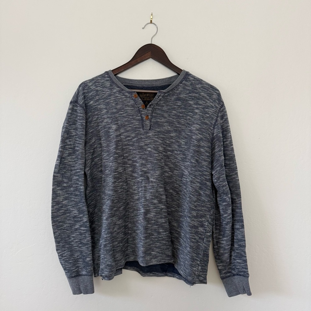 Lucky Brand Blue Space Dye Waffle Knit Henley Sweatshirt - Size Medium